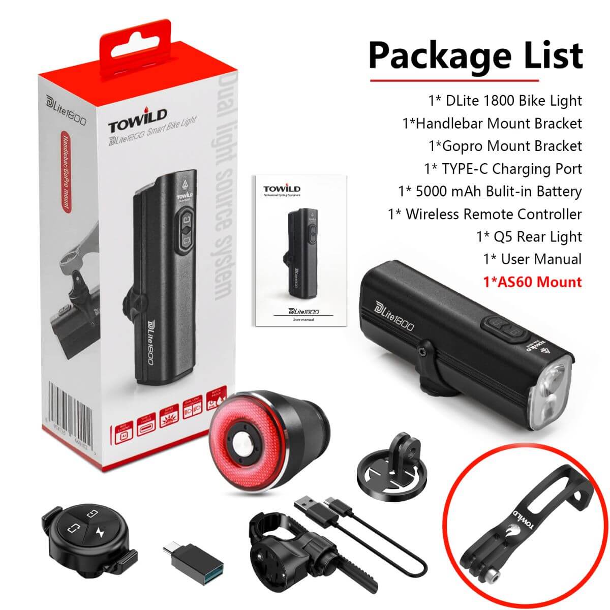 TOWILD Dlite 1800 Lumens Rechargeable Bike Front Light