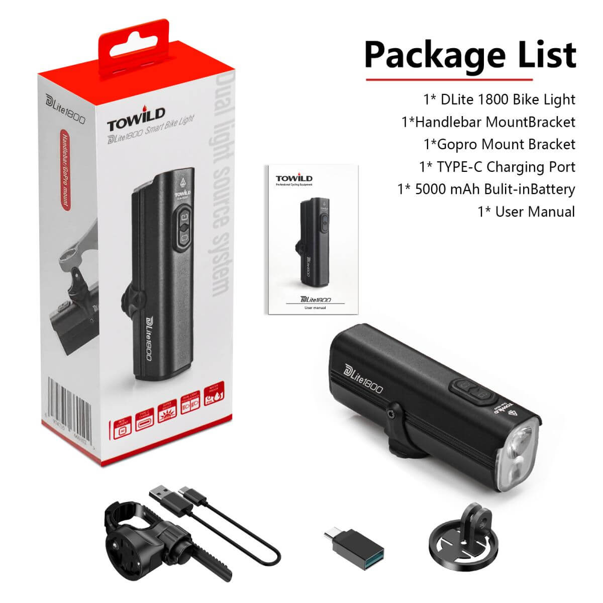 TOWILD Dlite 1800 Lumens Rechargeable Bike Front Light