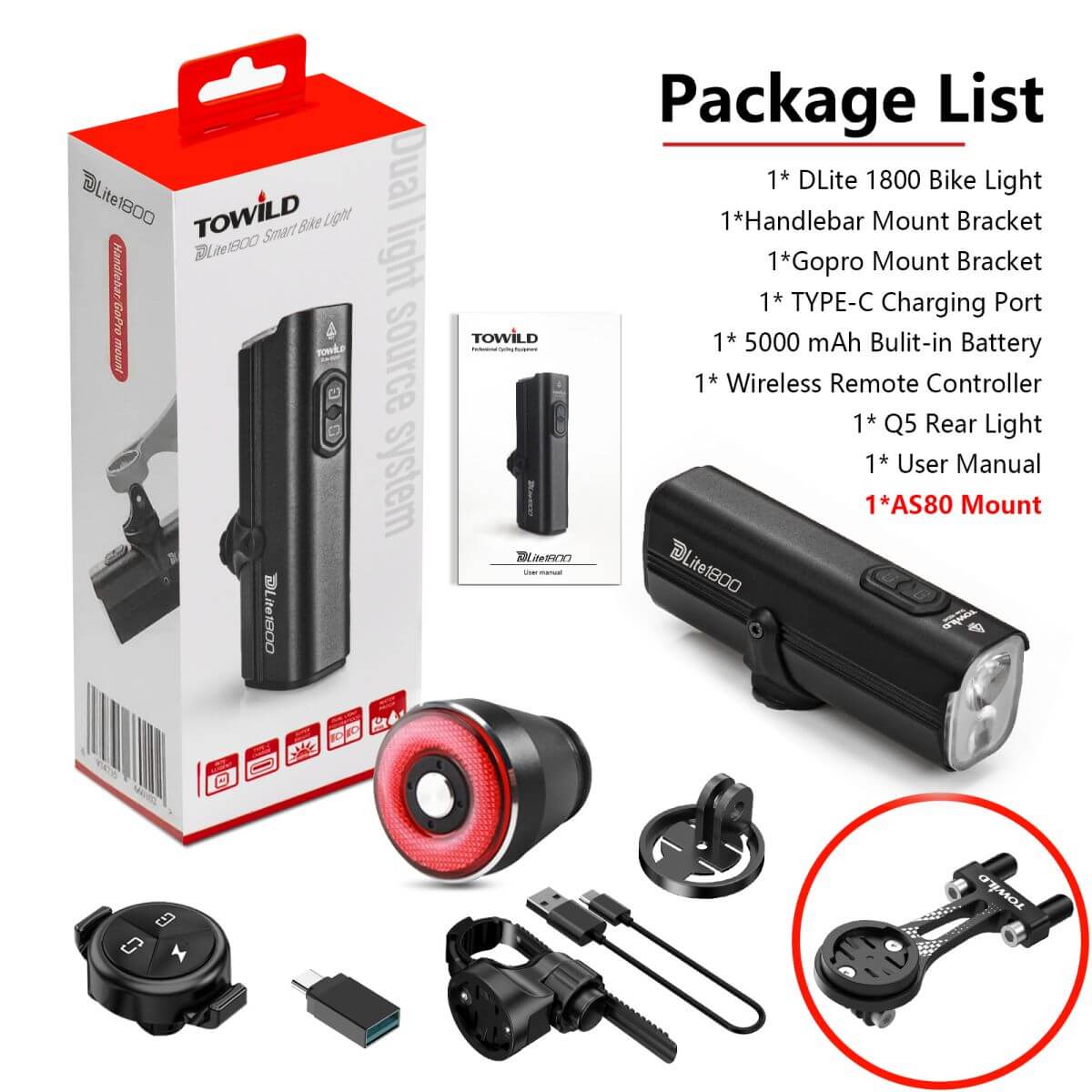 TOWILD Dlite 1800 Lumens Rechargeable Bike Front Light