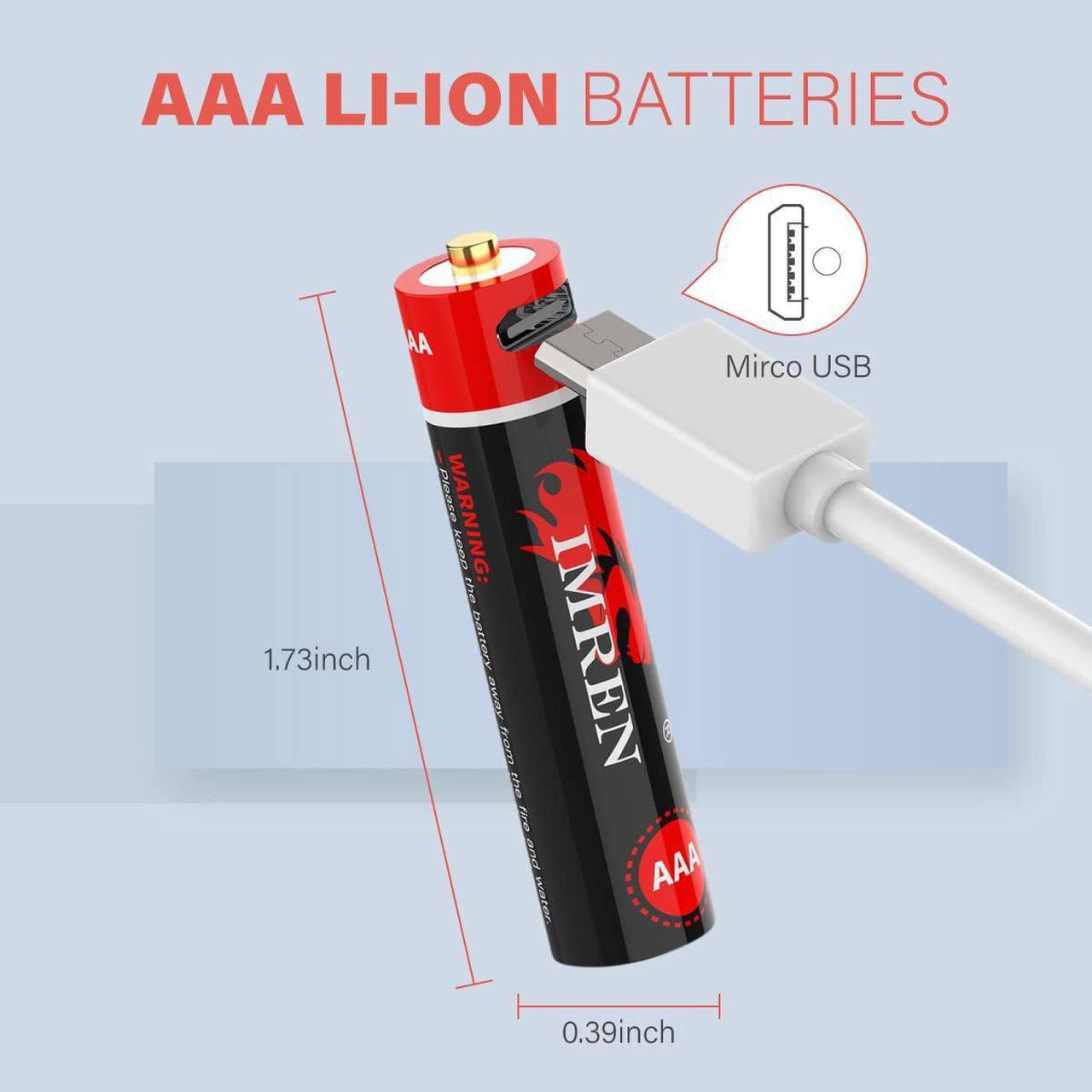 IMREN 1.5V AAA 800MWH Micro-USB Port Rechargeable Lithium Battery