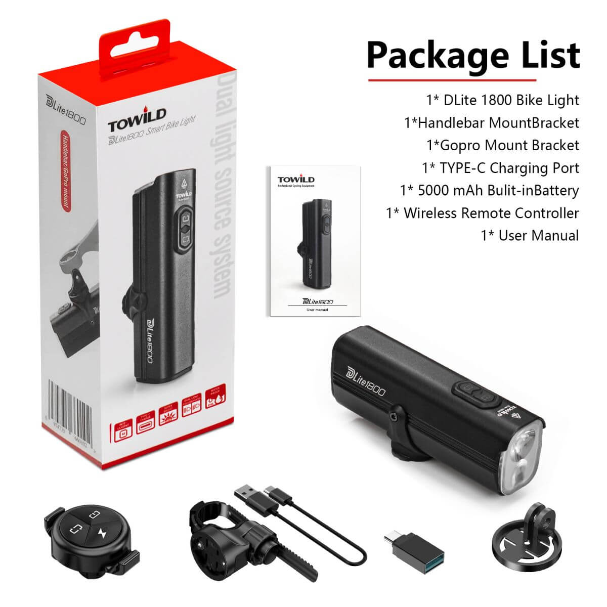 TOWILD Dlite 1800 Lumens Rechargeable Bike Front Light