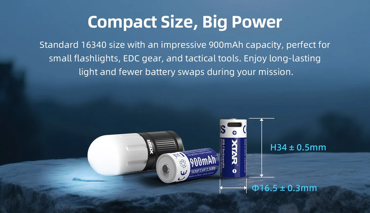 XTAR 3.6V 16340 USB-C 900mAh 2.7A Rechargeable Li-ion Battery