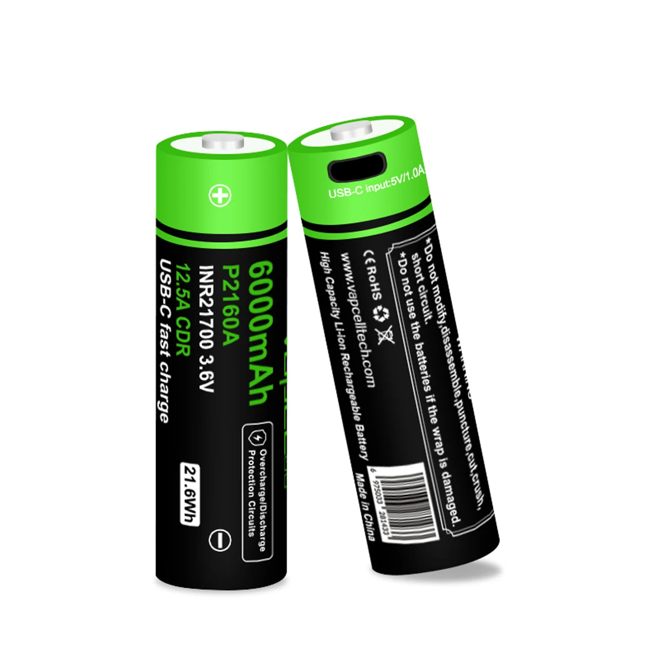 Vapcell P2160A 6000mah 12.5A USB-C 21700 Battery