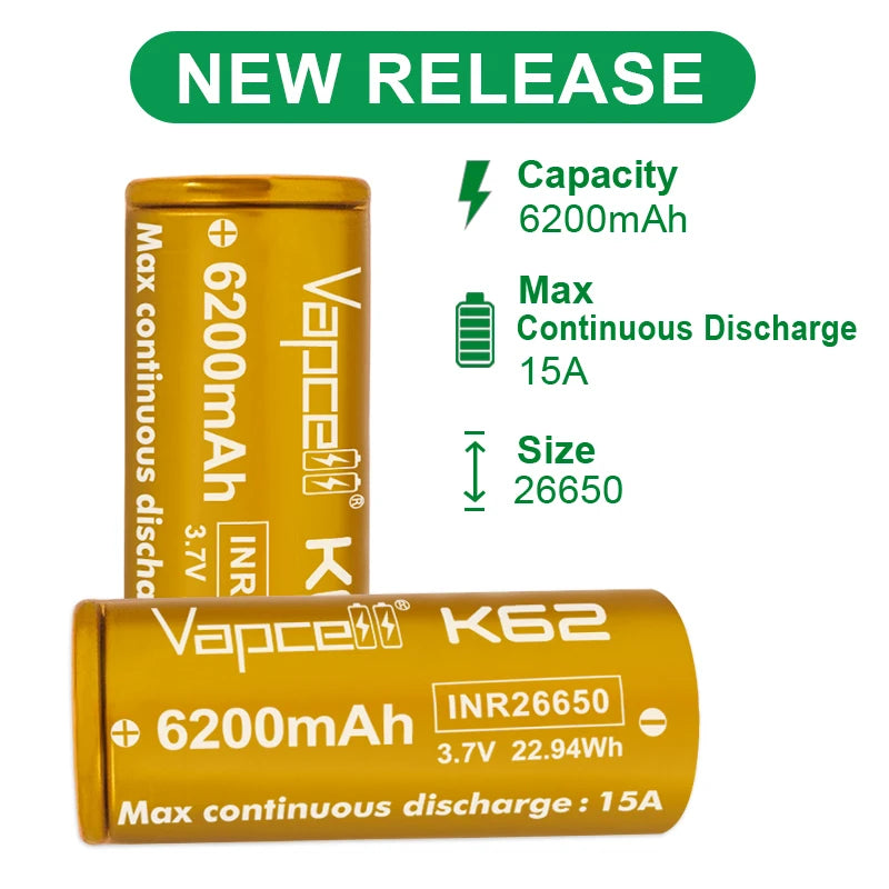 Vapcell K62 6200MAH 15A 26650 Lithium Battery