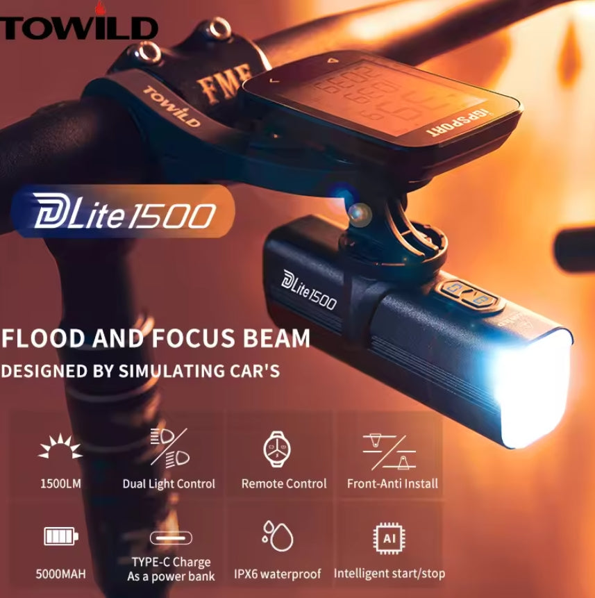 TOWILD DLite 1500 Dual Light Source Bike Light for Night Riding