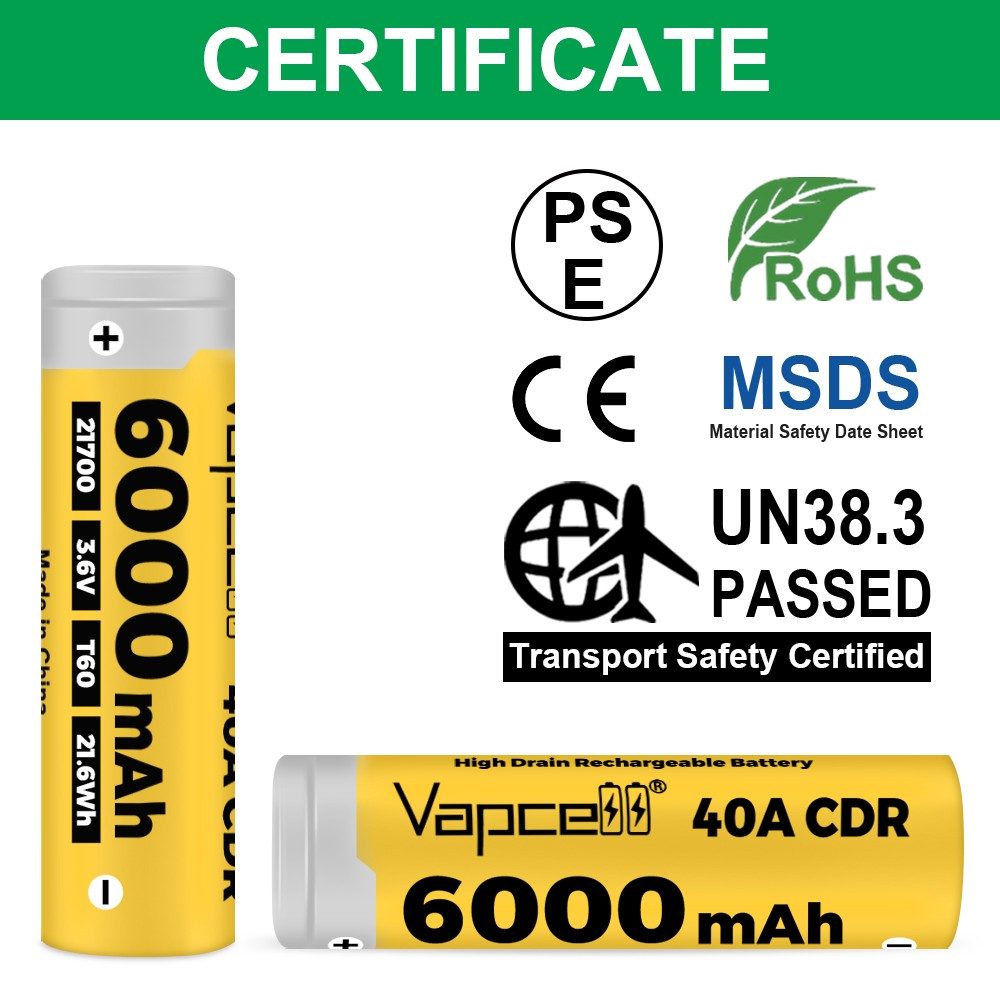 Vapcell T60 6000mAh 40A 3.6V Rechargeable 21700 Lithium Iron Battery