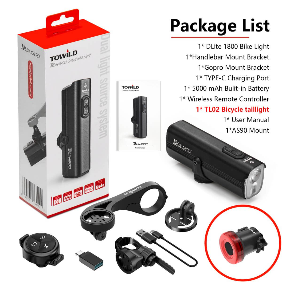 TOWILD Dlite 1800 Lumens Rechargeable Bike Front Light