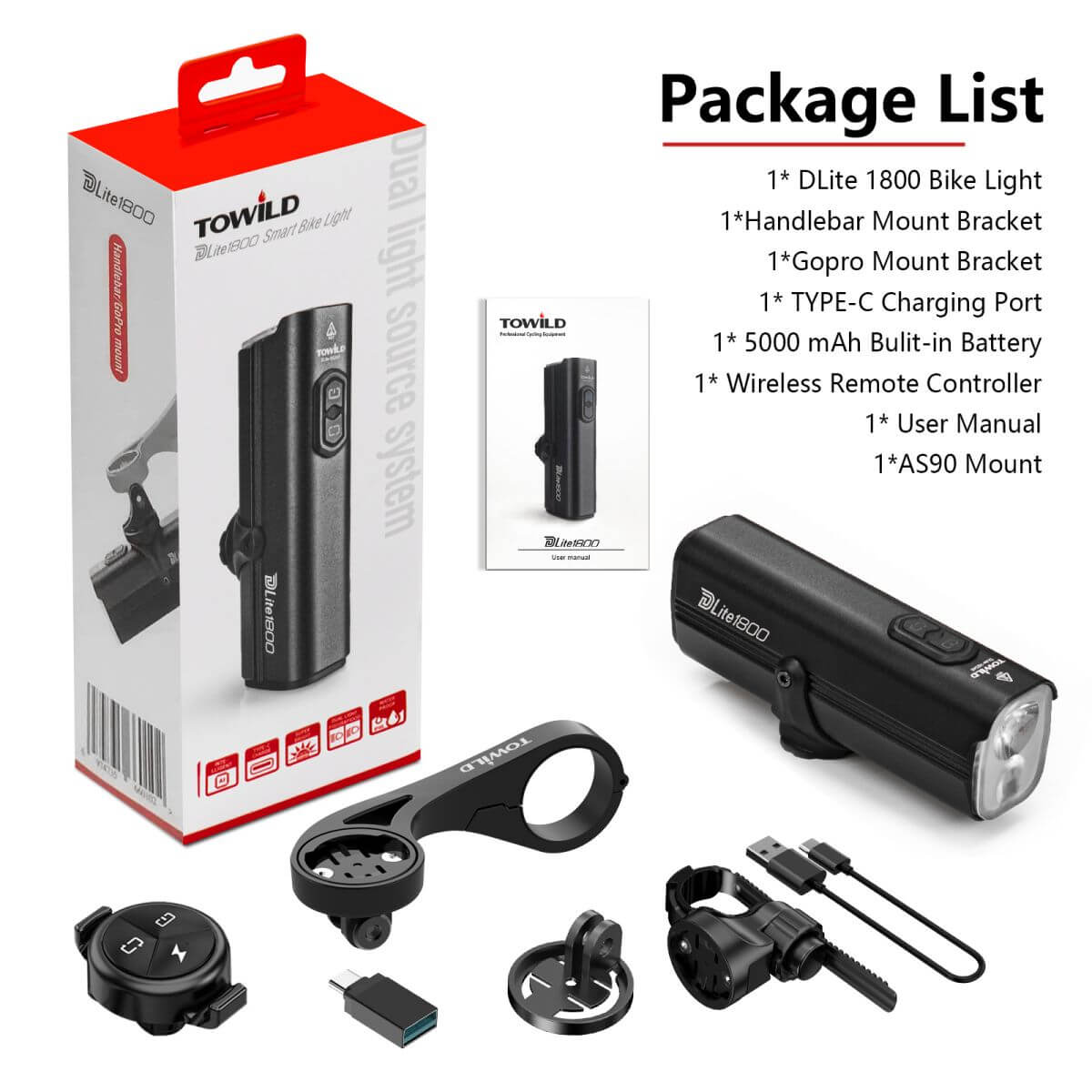 TOWILD Dlite 1800 Lumens Rechargeable Bike Front Light