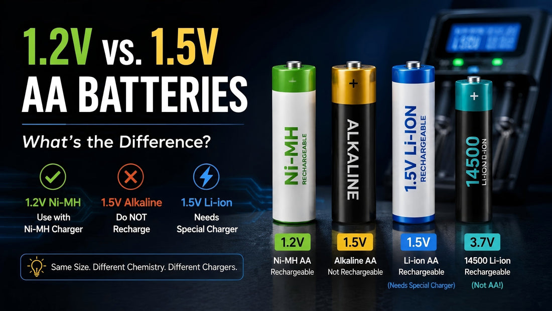 Infographic comparing 1.2V and 1.5V AA batteries, showing rechargeable Ni-MH, disposable alkaline, rechargeable 1.5V Li-ion, and 14500 Li-ion batteries, with guidance on their different voltages and charger requirements.