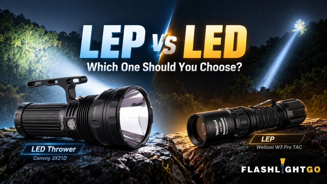 LEP vs LED flashlights comparison featuring Convoy 3X21D LED thrower and Weltool W3 Pro TAC LEP flashlight