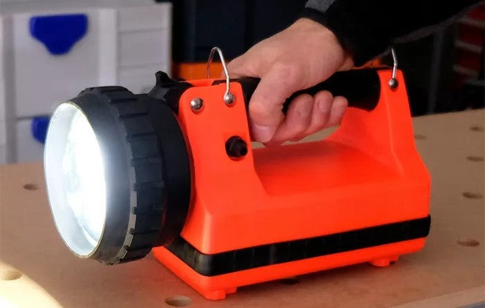 streamlight firebox flashlight 45861 E-Spot 1,500-Lumen Rechargeable Lantern, Orange | 1,500 lumens; 110,000 candela peak beam; rechargeable capable; includes mounting rack; shoulder strap; dual rear safety LEDs Spot Firebox is an industrial Streamlight LiteBox and FireBox High