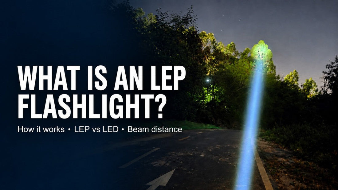 Weltool W3 Pro TAC LEP flashlight projecting a narrow beam toward a distant treetop at night