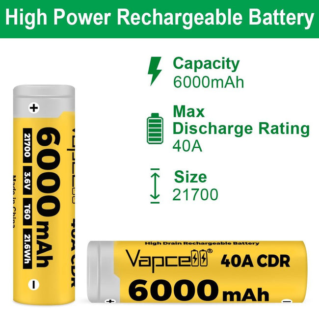 Vapcell T60 6000mAh 40A 3.6V Rechargeable 21700 Lithium Iron Battery
