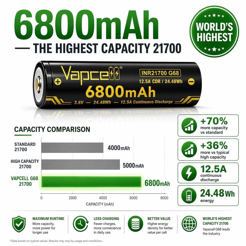 Vapcell G68 21700 6800mAh Rechargeable Battery