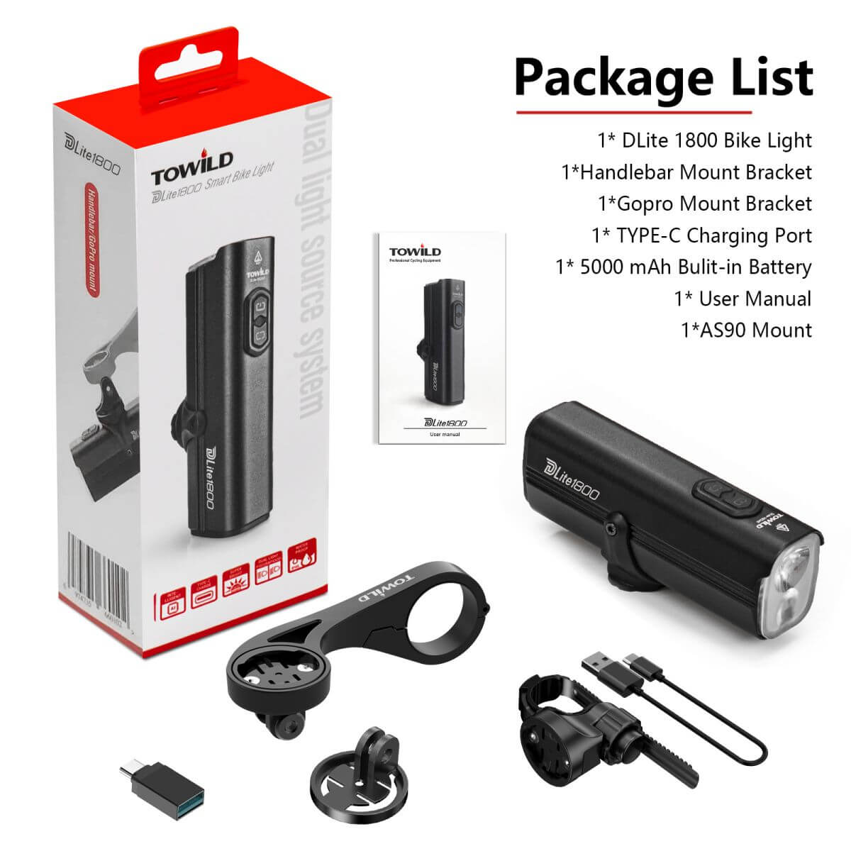 TOWILD DLite1800 Bike Lights, 1800LM Dual Light Source