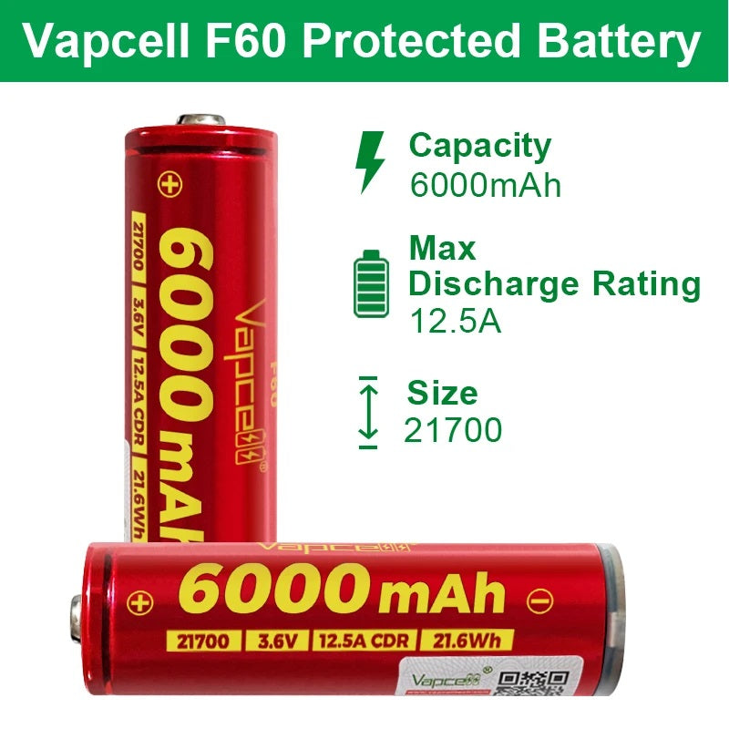 Vapcell F60 High-Capacity 21700 Battery for Tools & Flashlights