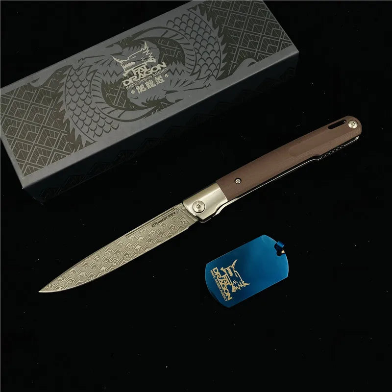 Fat Dragon Design courtier Damascus Blade G10 handle Folding Knife