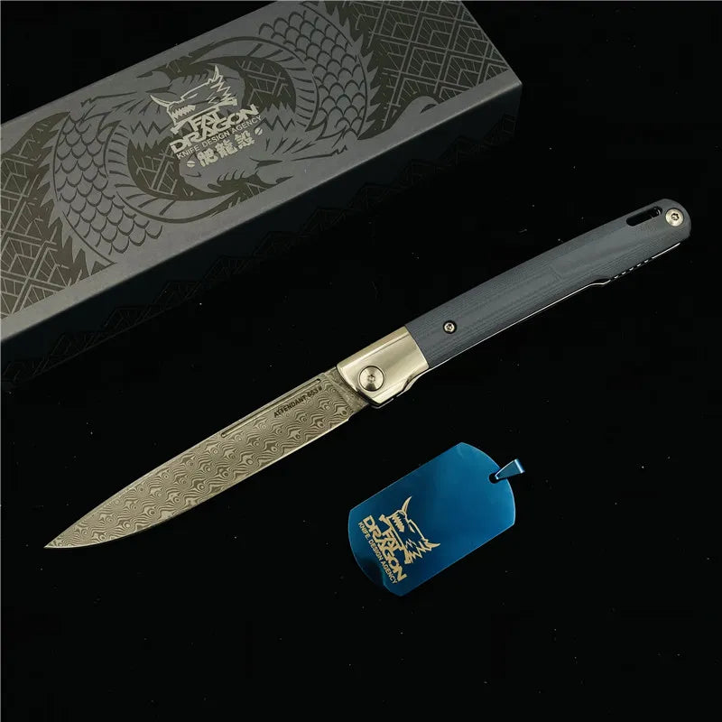 Fat Dragon Design courtier Damascus Blade G10 handle Folding Knife