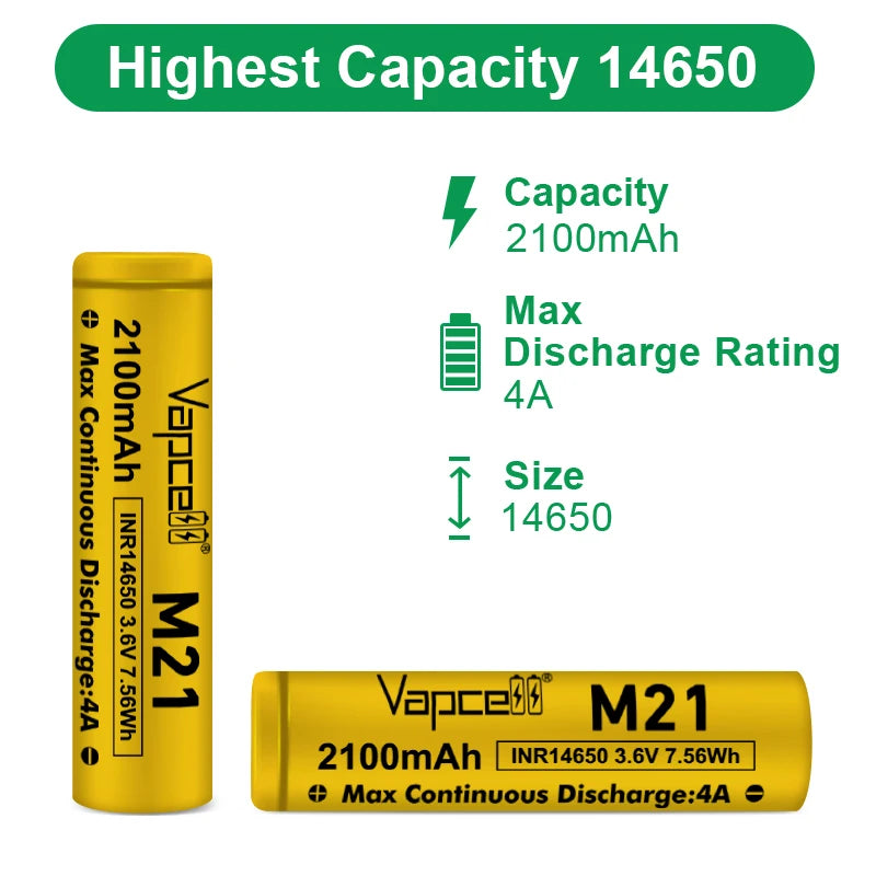Vapcell INR14650 M21 2100mah 4A Lithium Ion Batteries