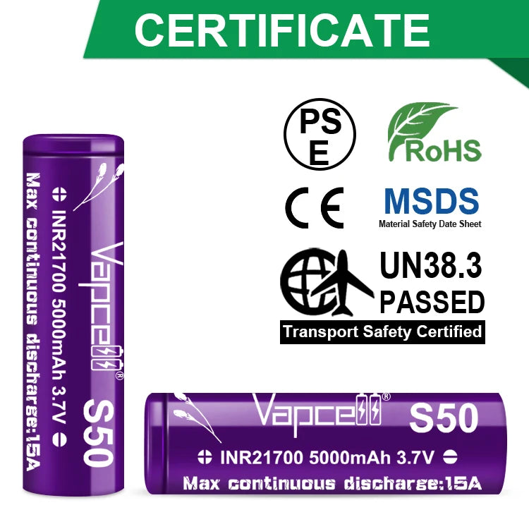 Vapcell 21700 S50 5000MAH Rechargeable Battery