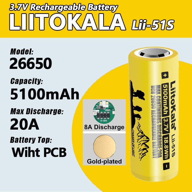 LiitoKala Lii-51S 26650 5200mAh Rechargeable Li-ion Battery