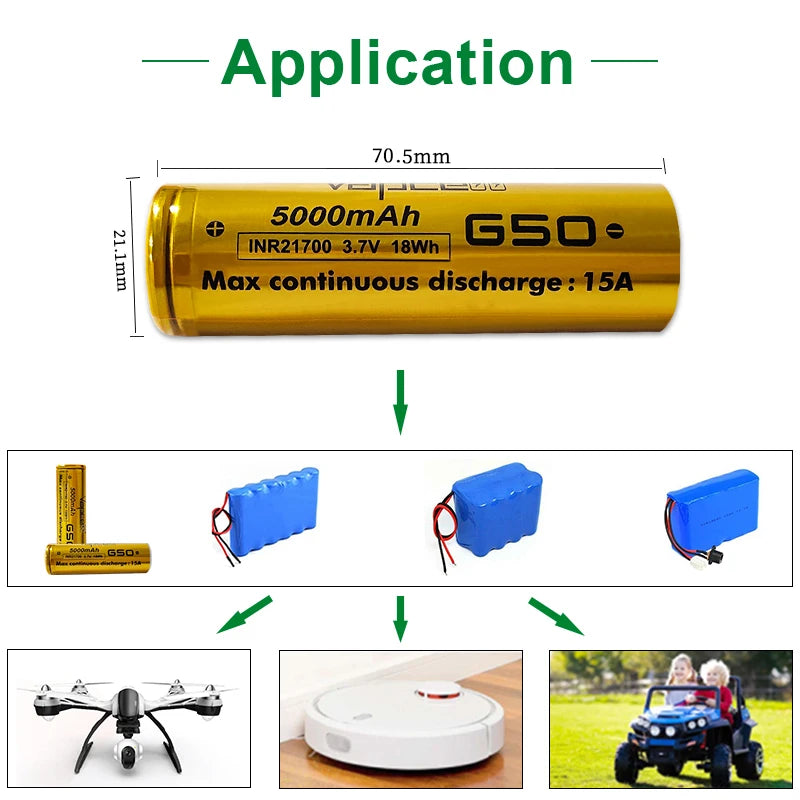 Vapcell INR21700 G50  5000mAH 15A Lithium Battery