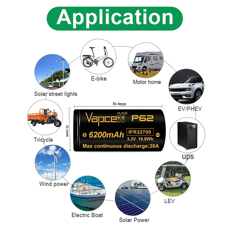 Vapcell 3.2V P62 32700 6200mah 20A
