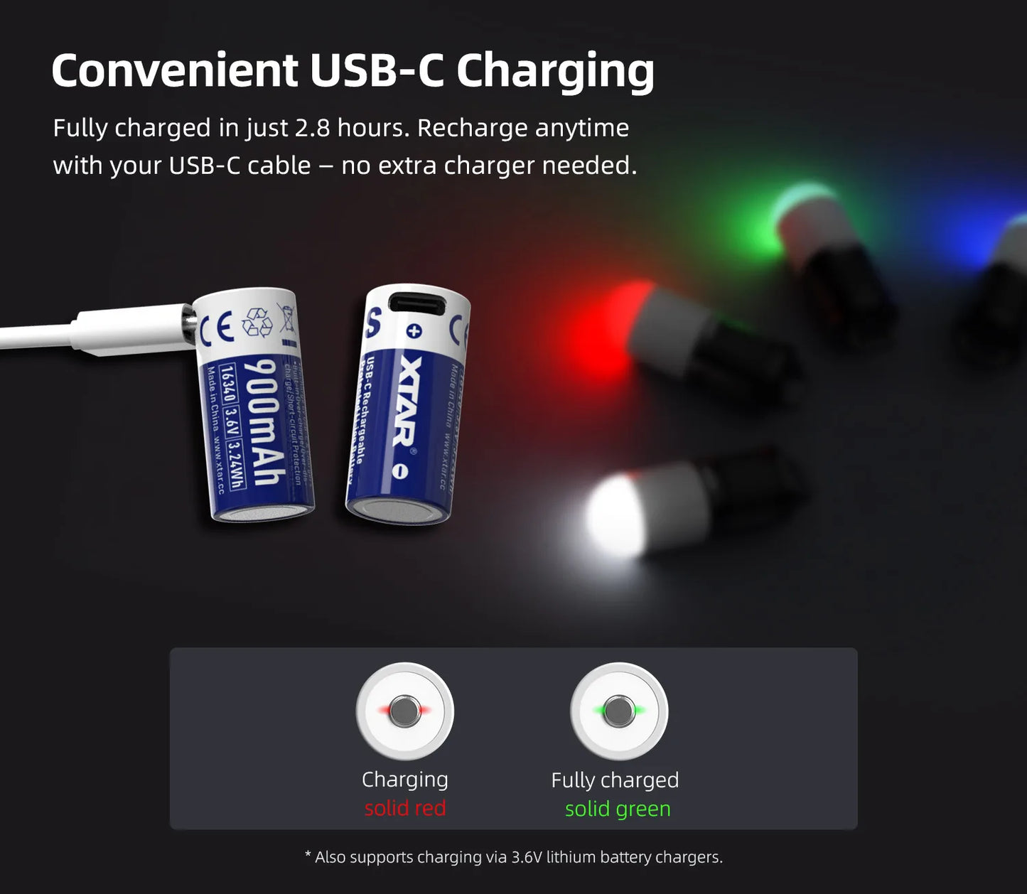 XTAR 3.6V 16340 USB-C 900mAh 2.7A Rechargeable Li-ion Battery