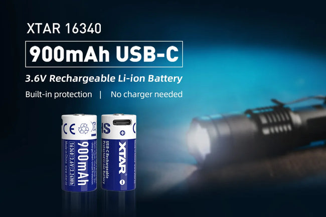 XTAR 3.6V 16340 USB-C 900mAh 2.7A Rechargeable Li-ion Battery