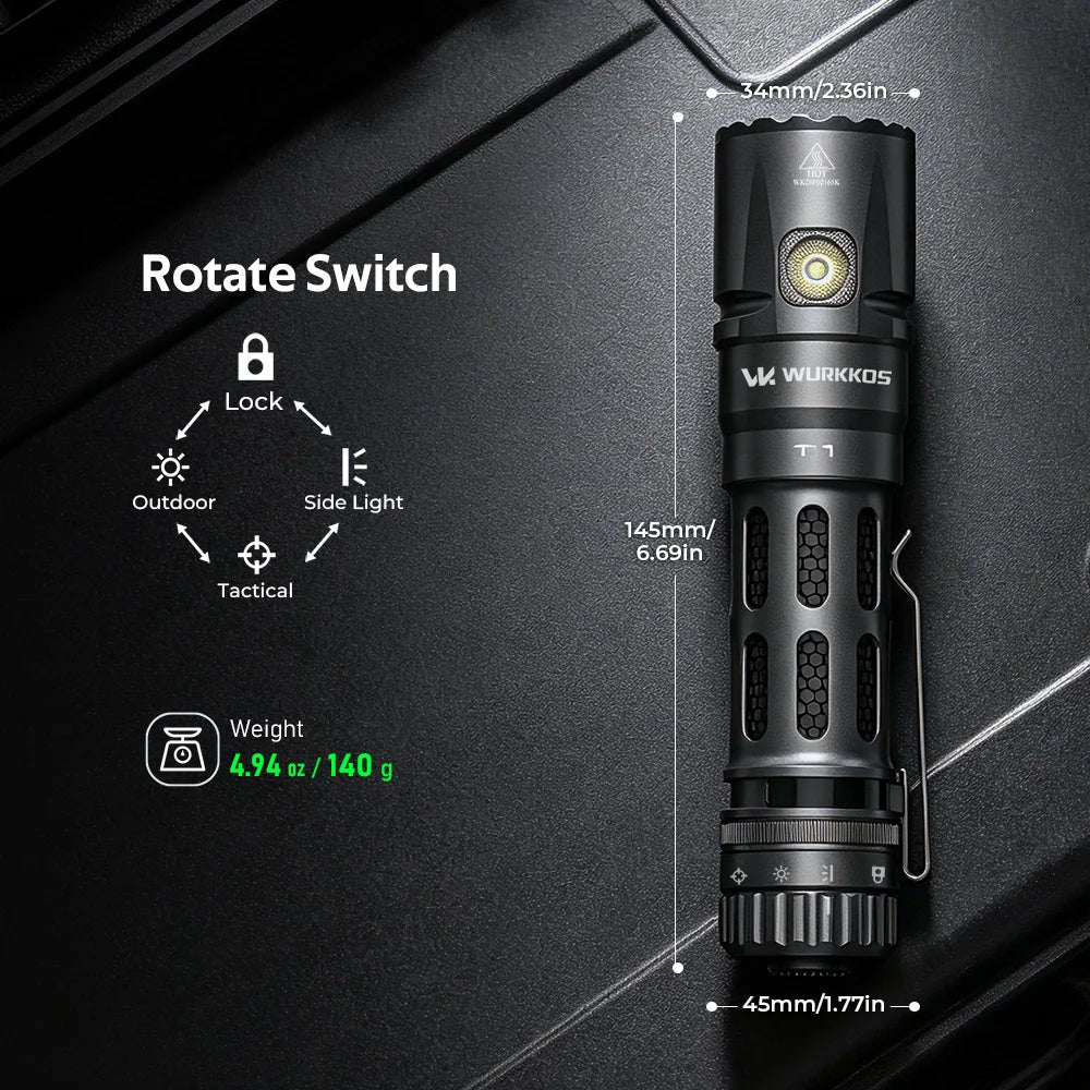 Wurkkos T1 Rechargeable Tactical Utility Flashlight with Multi-Color Utility Side Light