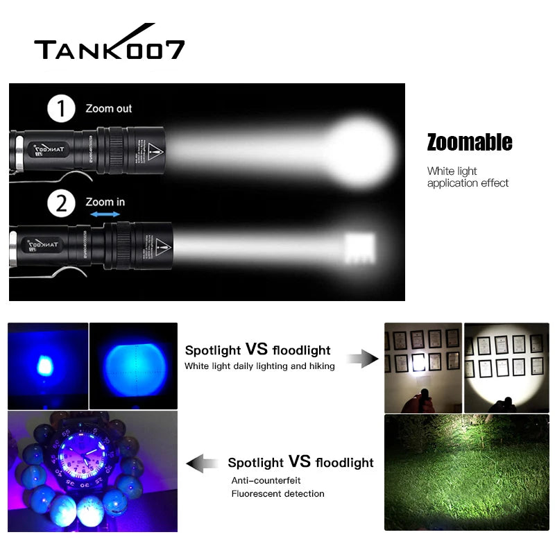 Tank007 F2 Dual LED Lighting & Fluorescence Detector Zoom Flashlight