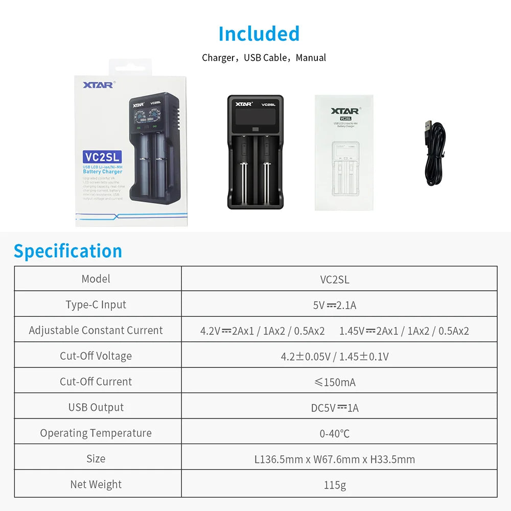 XTAR VC2SL Upgraded USB-C Li-ion/NIMH Battery Charger