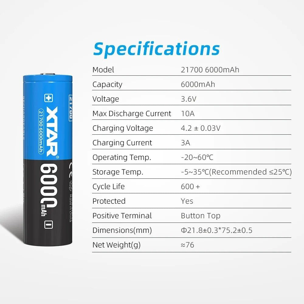 XTAR 21700 6000mAh 10A Protected Li-ion Battery