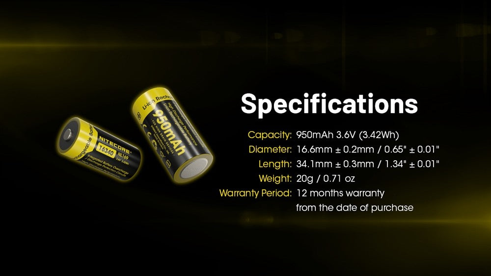 Nitecore NL169 950mAh Rechargeable 16340 Battery