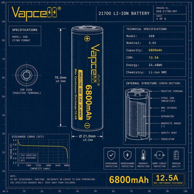 Vapcell G68 21700 6800mAh Rechargeable Battery